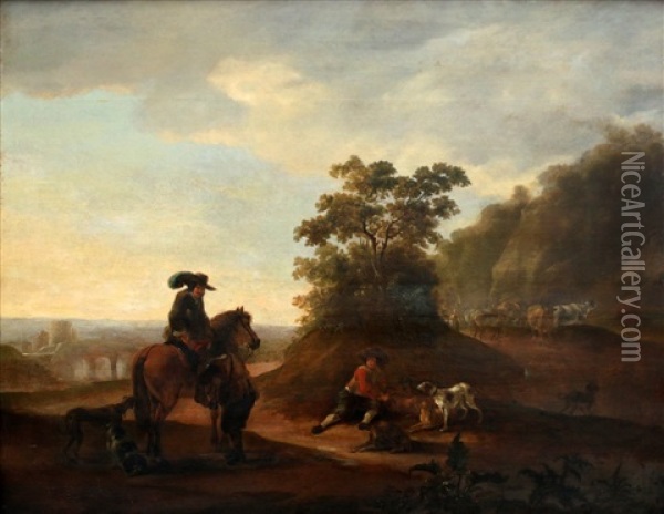 Een Page Helpt Een Jager Bij Het Afstijgen Van Zijn Paard In Een Italianiserend Landschap Oil Painting - Hendrick Verschuring