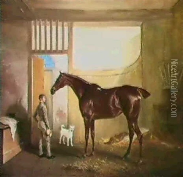 Sir Vincent Cotton's Chestnut Mare In A Loose Box With A    Stable Boy And Dog Oil Painting - John E. Ferneley