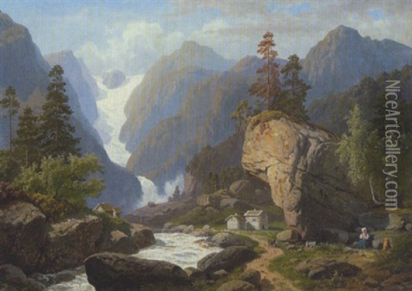 Gebirgstal Mit Einem Gletscher Im Sonnelicht Oil Painting - Georg Eduard Otto Saal