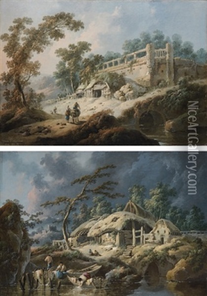 Dawn: A River Landscape (+ Dusk: A River Landscape; 2 Works) Oil Painting - Jean Baptiste Pillement