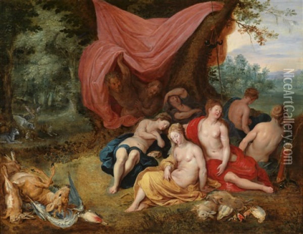 Die Schlafende Diana Und Ihre Nymphen Nach Der Jagd, Von Satyrn Belauscht Oil Painting - Jan Van Balen