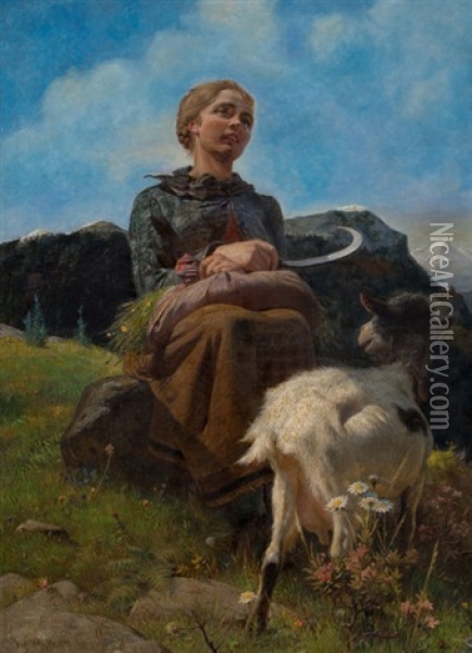 Portrait Of Heidi With Goat Oil Painting - Conrad Grob