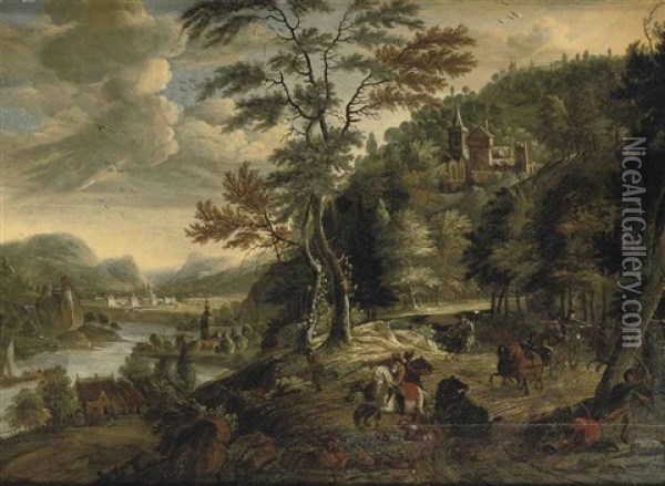 A Mountainous River Landscape With A Cavalry Skirmish Oil Painting - Gerrit (Gerard) Battem