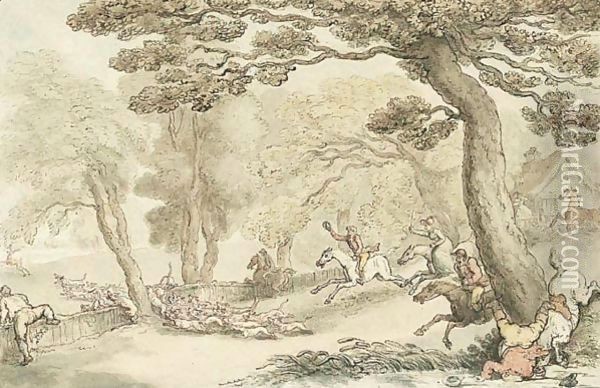 The Kings Buckhounds In Full Cry After A Stag Oil Painting - Thomas Rowlandson