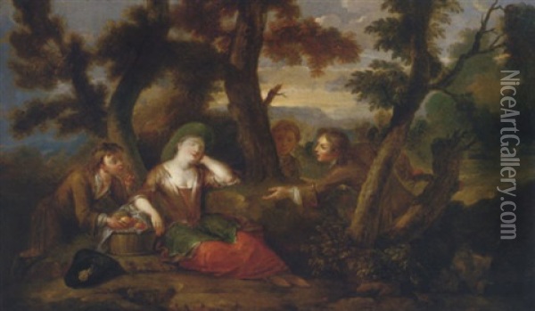 Three Boys Grabbing Apples From A Sleeping Girl Oil Painting - Philip Mercier