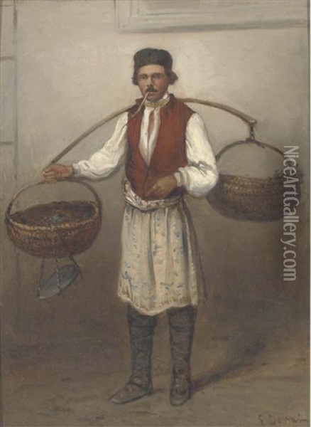 A French Street Seller (+ Another Similar; Pair) Oil Painting - Emile Francois Dessain