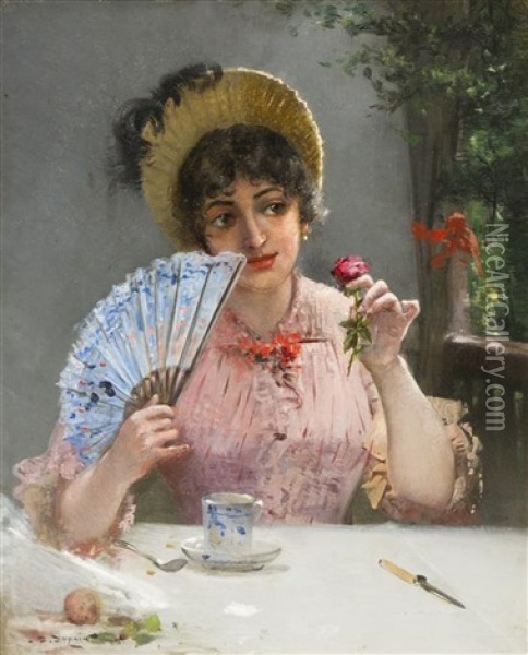 Woman With Fan Oil Painting - Edmond Louis Dupain