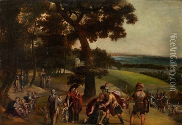 The Reconciliation Of Jacob And Esau In An Extensive Wooded Landscape Oil Painting - Anton Mirou