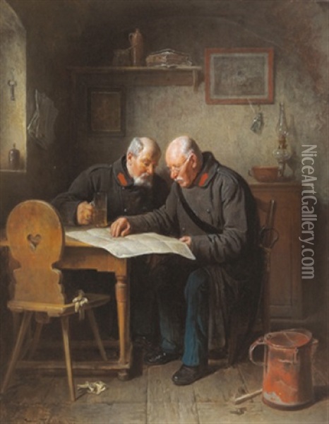 Zwei Veteranen Studieren Die Landkarte Oil Painting - Friedrich Ritter von Malheim Friedlaender