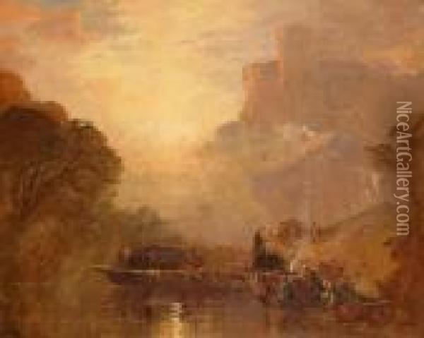 'linlithgow Castle'. Oil Painting - George Blackie Sticks