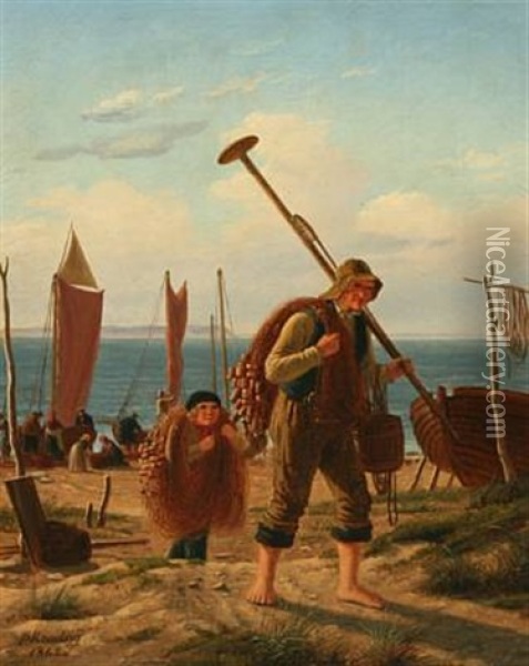 Fishermen On The Beach Oil Painting - Peter (Johann P.) Raadsig