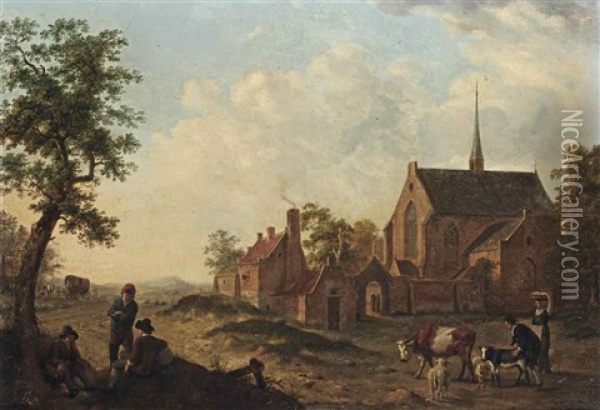 Travellers And Herdsmen Resting With Cattle By A Village Church Oil Painting - Johannes Huibert (Hendric) Prins