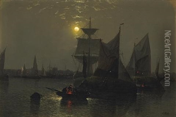Sailing Vessels In A Moonlit Harbor With Fishermen And Their Boats In The Foreground Oil Painting - Abraham Hulk the Elder