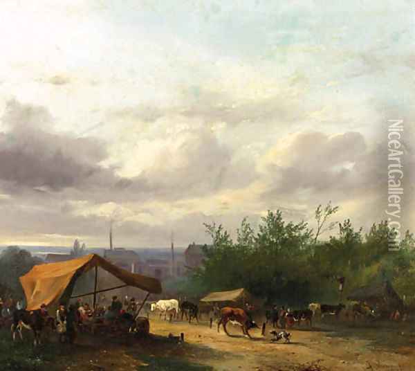 A cattle-market with factories in a town beyond Oil Painting - Jacobus Pelgrom