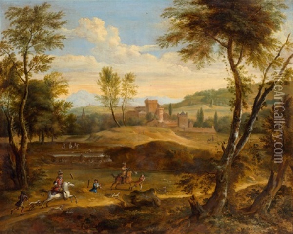 Hunting Group In A Landscape With A Castle In The Background Oil Painting - Frederick De Moucheron