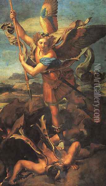 Saint Michael Trampling the Dragon 1518 Oil Painting - Raphael