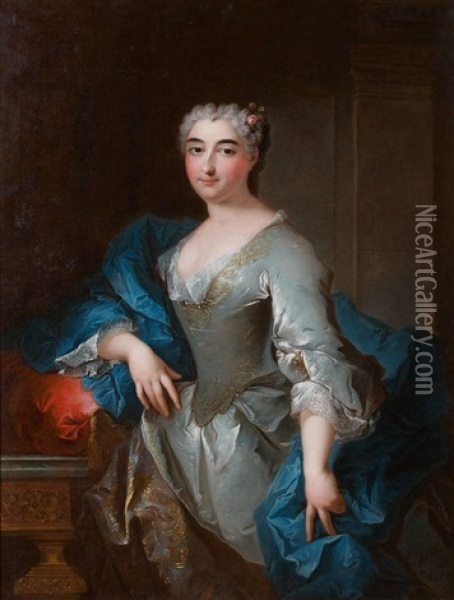 Portrait De Femme A La Robe Grise Et Etole Bleue Oil Painting - Robert Levrac-Tournieres
