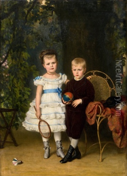 Zwei Kinder Im Park Oil Painting - Karl Riedel