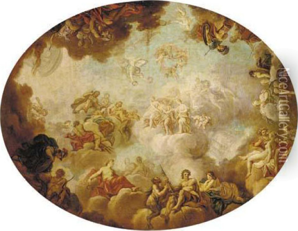 An Assembly Of The Gods - A Modello For A Ceiling Oil Painting - Jean Simon