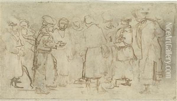 A Group Of Men, Involved In A Discussion Oil Painting - Rembrandt Van Rijn