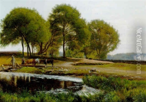 Dansk Sommerlandskab Med Bondepige, Der Vander Koerne Oil Painting - Hans Ole Brasen