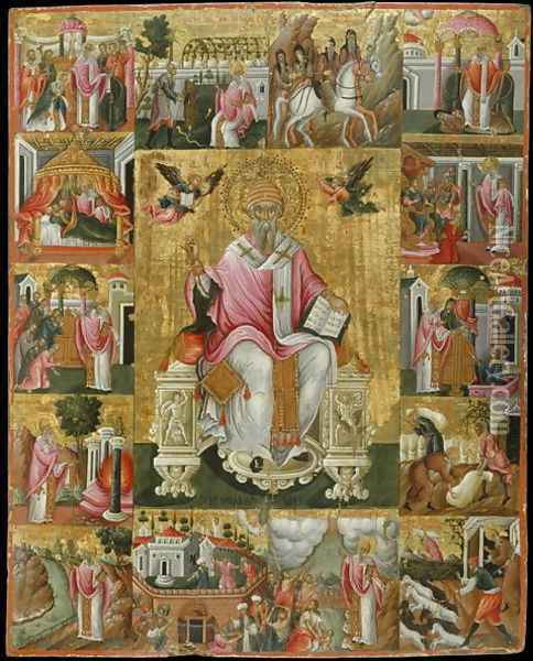 Icon of St Spyridon with Scenes of his life Oil Painting - Theodoros Pulakis