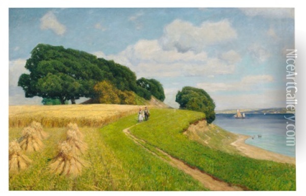 Flusslandschaft (elbe?) In Norddeutschland Mit Weizenfeld Und Figurenstaffage Oil Painting - Georg M. Meinzolt