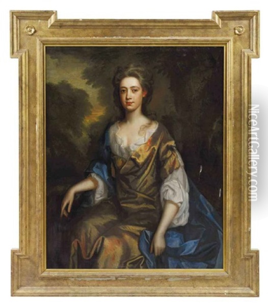Portrait Of A Lady (nell Gwynne (1650-1687)?) In A Gold Silk Dress And Blue Wrap, In A Landscape Oil Painting - Thomas Murray