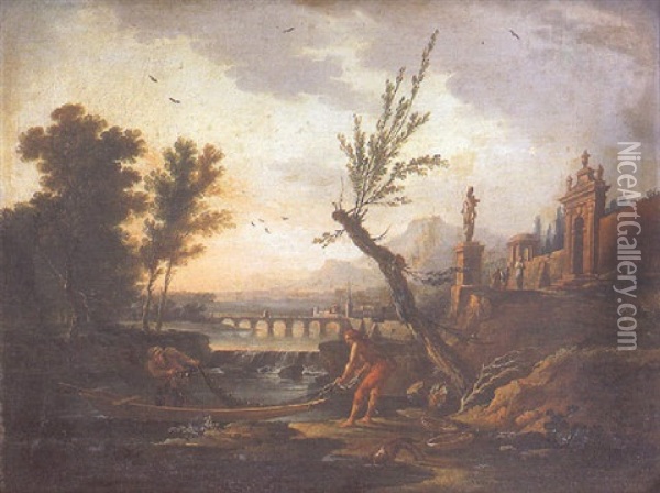 Pecheurs Pres D'un Palais En Ruine Oil Painting - Jean Baptiste Charles Claudot