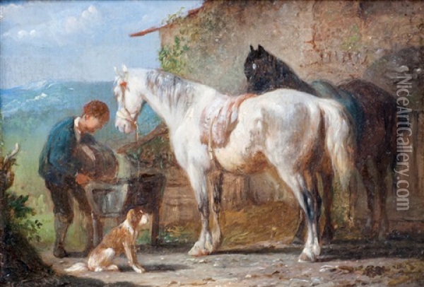 Man Met Hond En Werkpaarden Oil Painting - Pieter Frederick Van Os