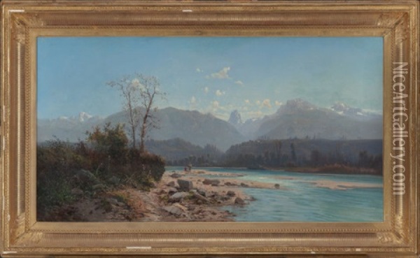 Fishing Scene In Savoy Mountains Oil Painting - Alfred Godchaux