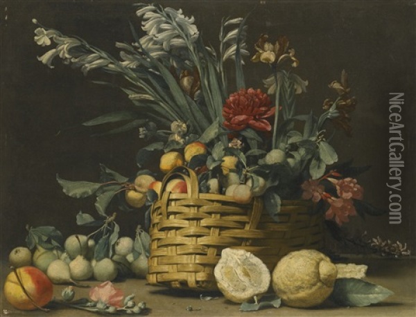 Still Life With Pears, Apples, Chrysanthemum And Other Flowers In A Basket Beside Two Large Lemons Oil Painting - Simone Del Tintore