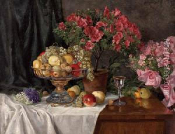 Groses Prunkstillleben Mit Blumen Und Fruchten Oil Painting - Therese Schachner