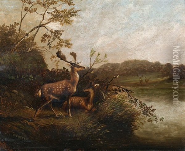 Damwild Am Flussufer Oil Painting - Julius Scheuerer