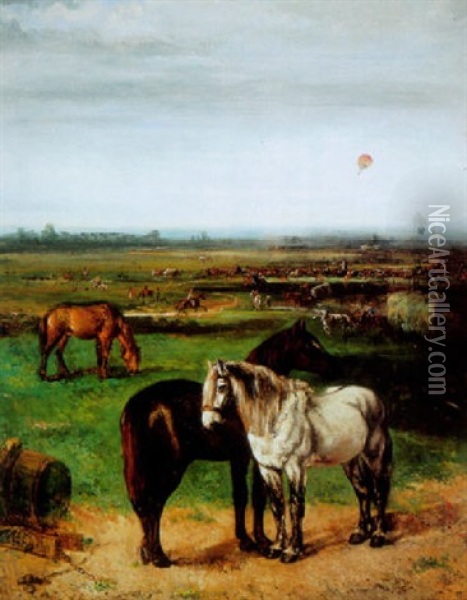 A Horse Fair In An Open Landscape With A Balloon Above Oil Painting - Henry Schouten