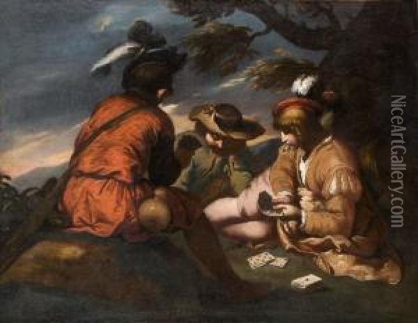 Tre Giocatori Di Carte In Un Paesaggio Oil Painting - Bernhard Keil