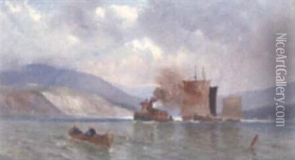 Untitled - Tugboat Nearing The Harbour Oil Painting - Frederic Marlett Bell-Smith