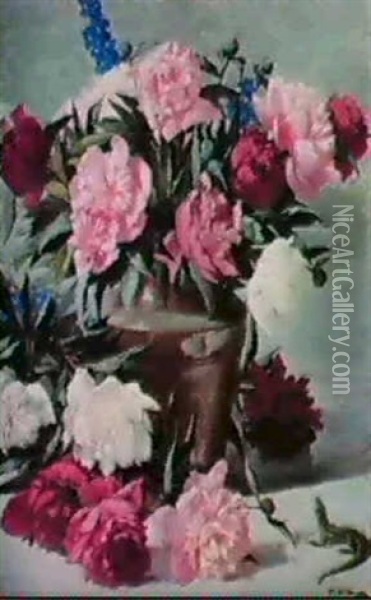 Peonies And Delphiniums In A Vase With A Lizard On A Stone  Ledge. Oil Painting - Thea Wittmann