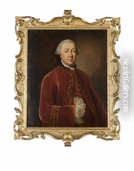 Half Length Portrait Of A Gentleman In A Burgundy Coat With Lace Cuffs Oil Painting - Jack Wessel