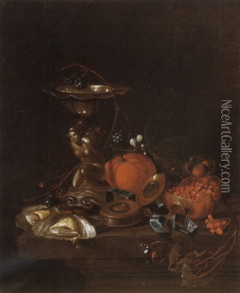 A Still Life Of An Orange A Pomegranate Oysters A Watch     And A Salt On A Ledge Oil Painting - Jan Davidsz De Heem