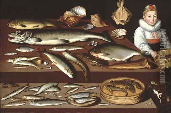 A table laden with a salmon Oil Painting - Albrecht Kauw