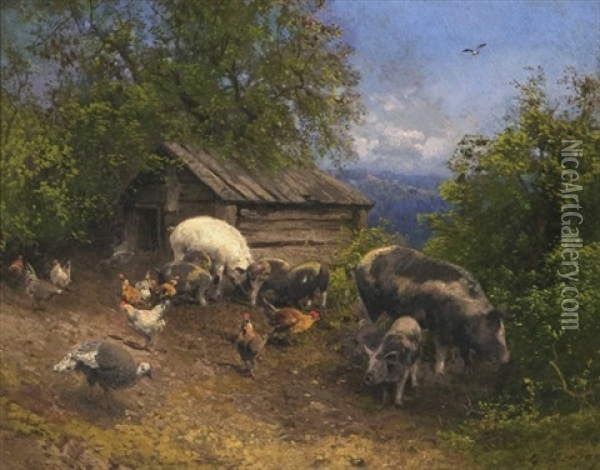 Barnyard Oil Painting - Hermann Herzog
