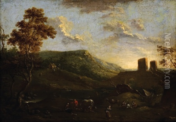 Landscape With Herdsmen And Ruin Oil Painting - Norbert Joseph Carl Grund