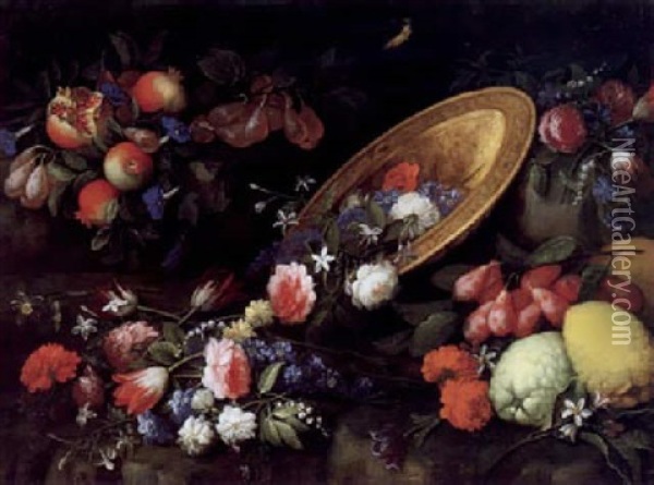 Stilleben Mit Blumen Und Fruchten Oil Painting - Giovanni Battista Recco