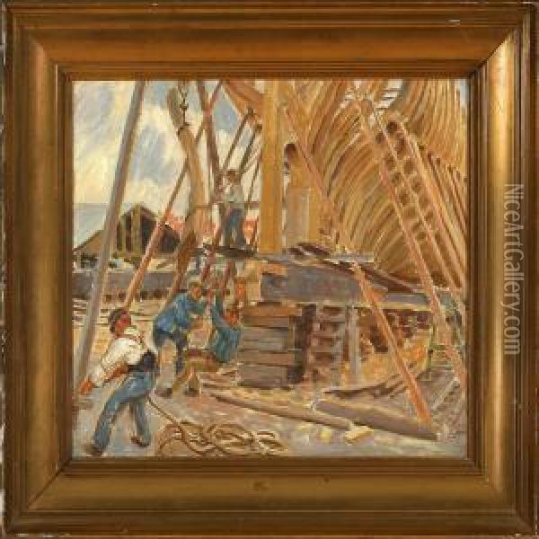 Scene From A Ship Bulding Yard Oil Painting - Peter Marius Hansen