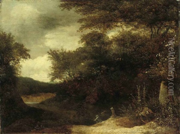 A Wooded River Landscape With Anglers On A Bank Oil Painting - Guillam Dubois