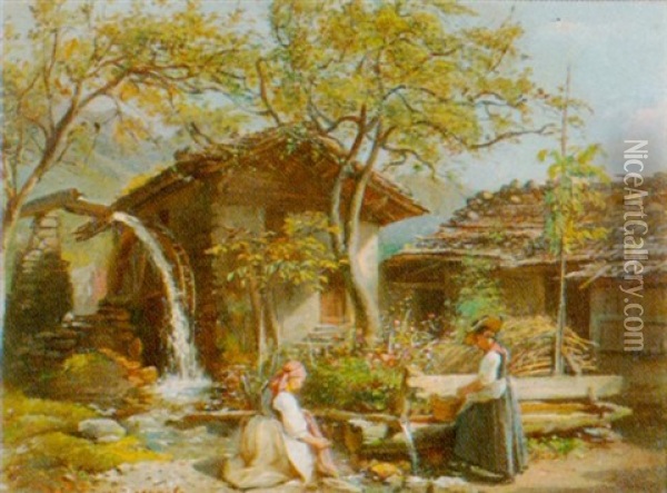 Zwei Wascherinnen Am Brunnen Oil Painting - William Moritz