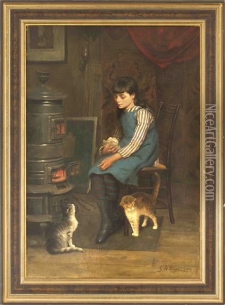 Stimmungsvolles Genrestuck Mit Einem Jungen Madchen Am Ofen, Zwei Katzen Futternd Oil Painting - Gerardus Hendrikus Cornelis Overman