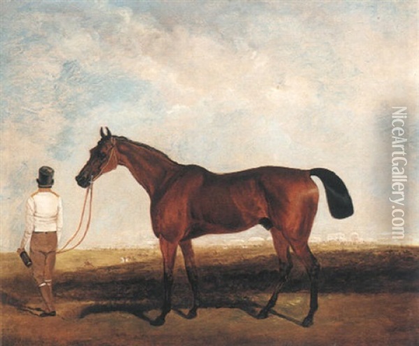 A Bay Racehorse Held By A Groom Oil Painting - Lambert Marshall