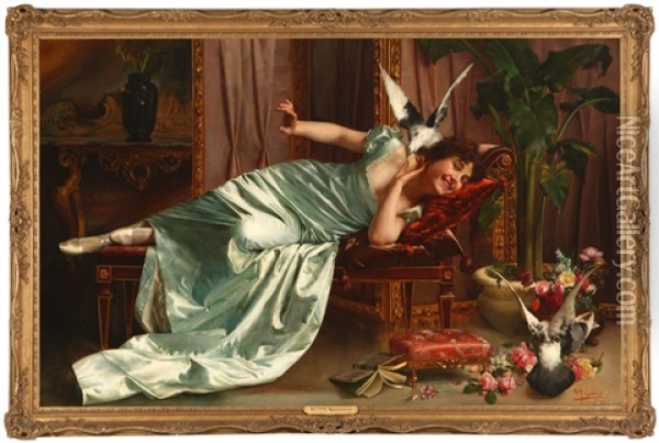 Fowl Play, Reclining Woman In A Mint Green Gown Frolicking With Doves In A Salon Oil Painting - Vittorio Reggianini